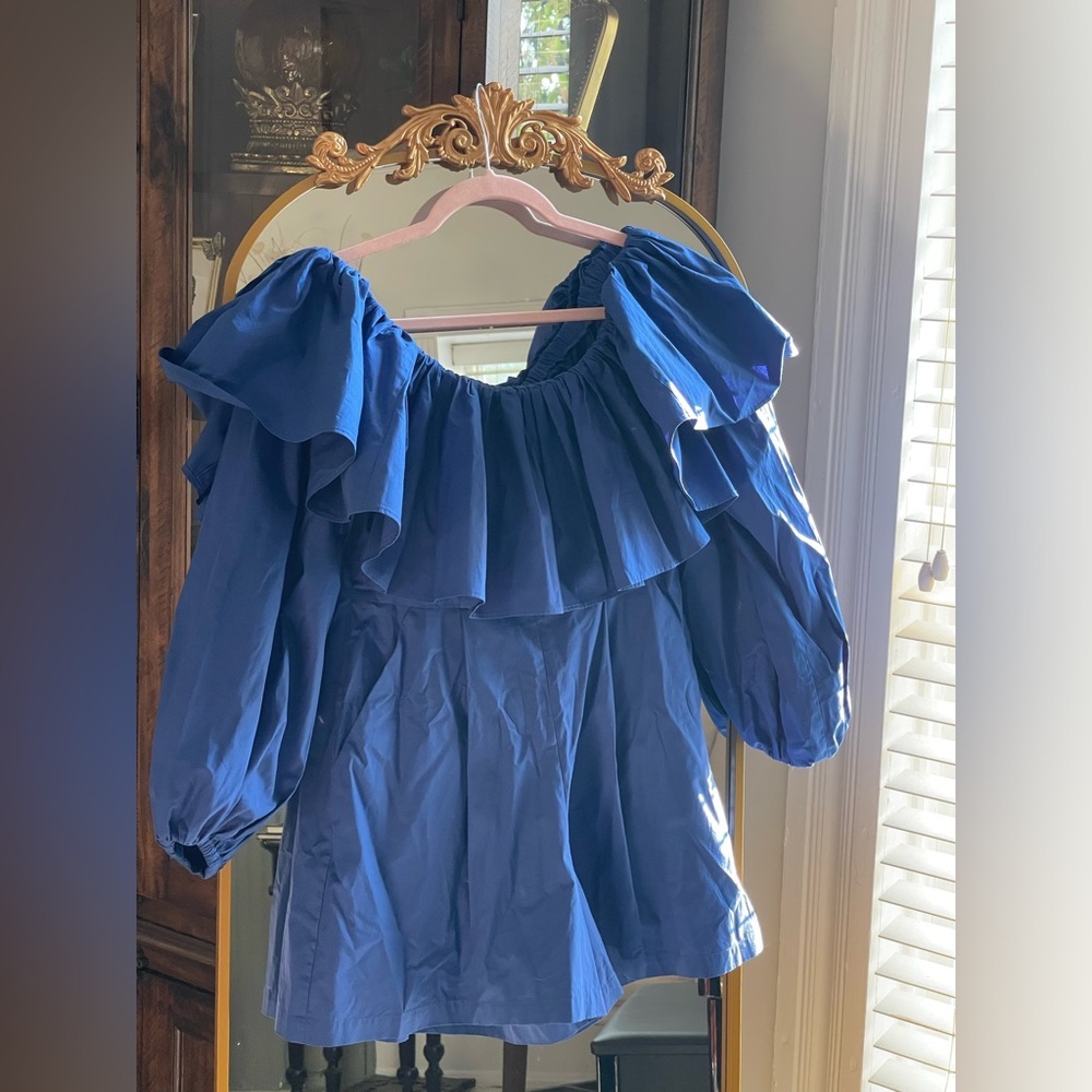 Susana Monaco Blue Poplin Cotton Long Sleeve Off Shoulder Romper